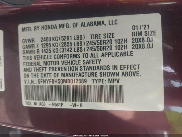 5FNYF8H50MB012589 Honda Passport Awd Ex-l