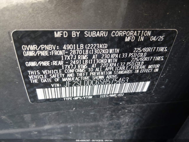 2025 Subaru Forester Premium მანქანა იყიდება აუქციონზე, vin: JF2SLDDC6SH575463, აუქციონის ნომერი: 45892307