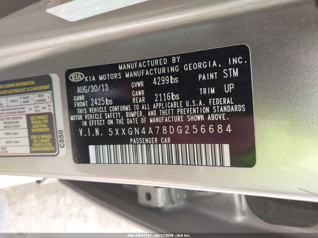45892321 :رقم المزاد ، 5XXGN4A78DG256684 vin ، 2013 Kia Optima Ex مزاد بيع