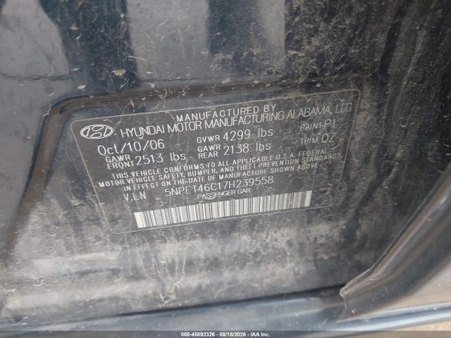 Продажа на аукционе авто 2007 Hyundai Sonata Gls/gls W/xm, vin: 5NPET46C17H239558, номер лота: 45892326