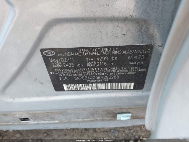 Продажа на аукционе авто 2011 Hyundai Sonata Gls, vin: 5NPEB4AC0BH293288, номер лота: 45892335