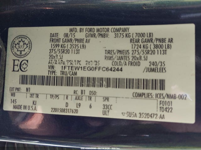 2015 Ford F-150 King Ranch მანქანა იყიდება აუქციონზე, vin: 1FTEW1EG0FFC64244, აუქციონის ნომერი: 45892338