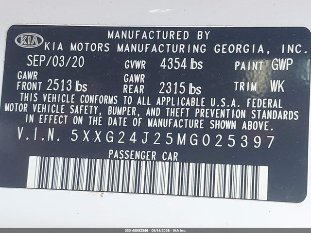 Продажа на аукционе авто 2021 Kia K5 Lx, vin: 5XXG24J25MG025397, номер лота: 45892346