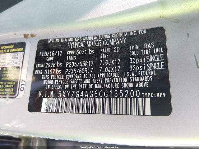 45892347 :رقم المزاد ، 5XYZG4AG6CG135200 vin ، 2012 Hyundai Santa Fe Gls V6 مزاد بيع