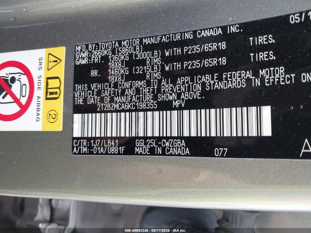 45892348 :رقم المزاد ، 2T2BZMCA6KC198355 vin ، 2019 Lexus Rx 350 مزاد بيع