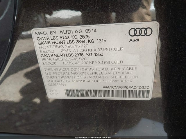 45892352 :رقم المزاد ، WA1CMAFP6FA040320 vin ، 2015 Audi Q5 3.0 Tdi Premium Plus مزاد بيع