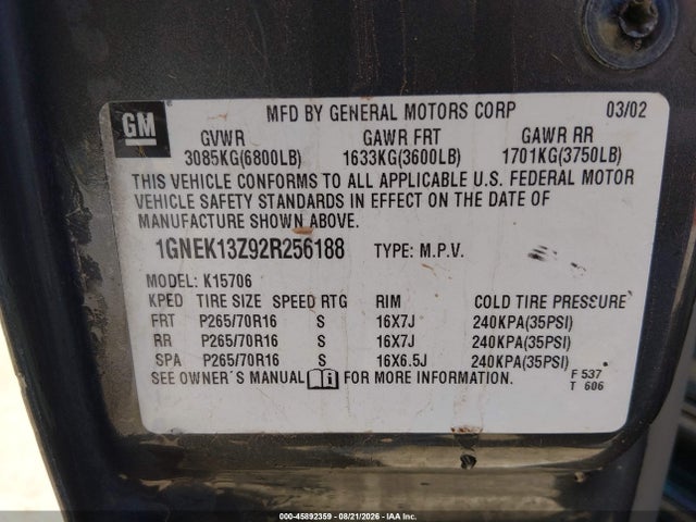 2002 Chevrolet Tahoe Lt მანქანა იყიდება აუქციონზე, vin: 1GNEK13Z92R256188, აუქციონის ნომერი: 45892359