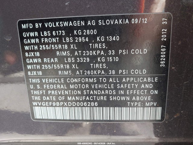 2013 Volkswagen Touareg Vr6 Sport მანქანა იყიდება აუქციონზე, vin: WVGEF9BPXDD006286, აუქციონის ნომერი: 45892362