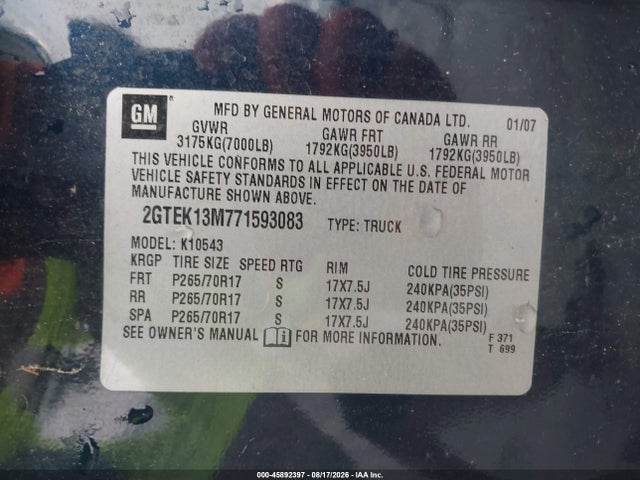 2007 Gmc Sierra 1500 Sle1 მანქანა იყიდება აუქციონზე, vin: 2GTEK13M771593083, აუქციონის ნომერი: 45892397