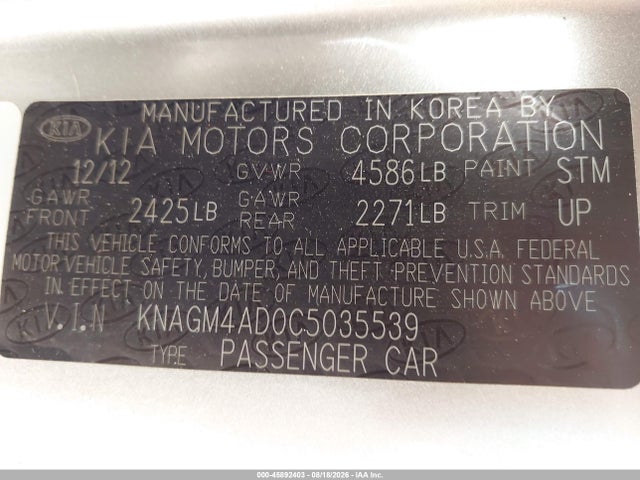Aukcja sprzedaży 2012 Kia Optima Hybrid, vin: KNAGM4AD0C5035539, numer aukcji: 45892403