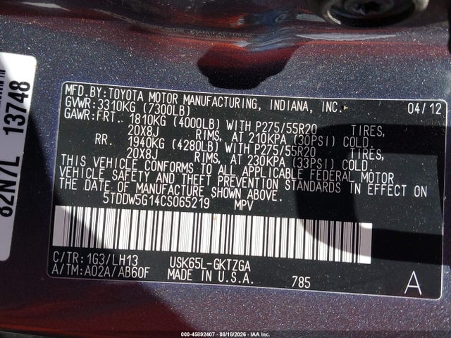 45892407 :رقم المزاد ، 5TDDW5G14CS065219 vin ، 2012 Toyota Sequoia Platinum 5.7l V8 مزاد بيع