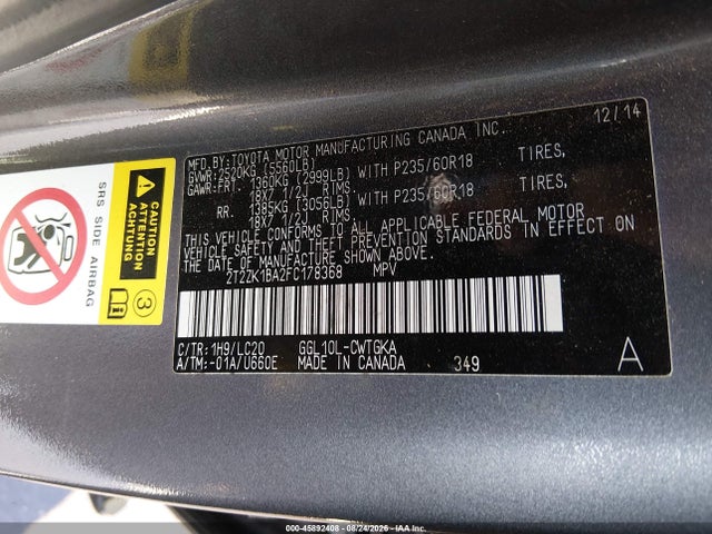 45892408 :رقم المزاد ، 2T2ZK1BA2FC178368 vin ، 2015 Lexus Rx 350 مزاد بيع