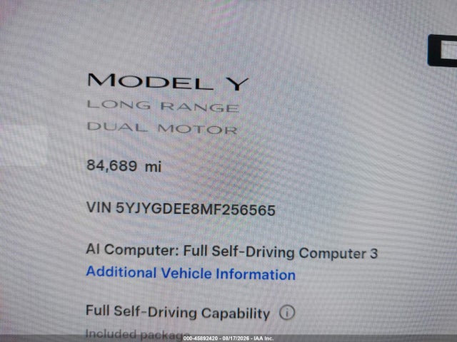 Продажа на аукционе авто 2021 Tesla Model Y Long Range Dual Motor All-wheel Drive, vin: 5YJYGDEE8MF256565, номер лота: 45892420
