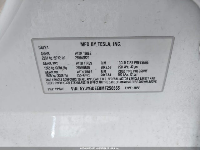 Продажа на аукционе авто 2021 Tesla Model Y Long Range Dual Motor All-wheel Drive, vin: 5YJYGDEE8MF256565, номер лота: 45892420
