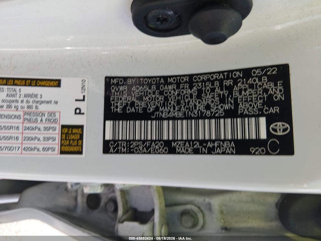 Продажа на аукционе авто 2022 Toyota Corolla Se, vin: JTNB4MBE1N3178725, номер лота: 45892424