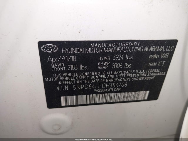 2018 Hyundai Elantra Sel მანქანა იყიდება აუქციონზე, vin: 5NPD84LF1JH356706, აუქციონის ნომერი: 45892434