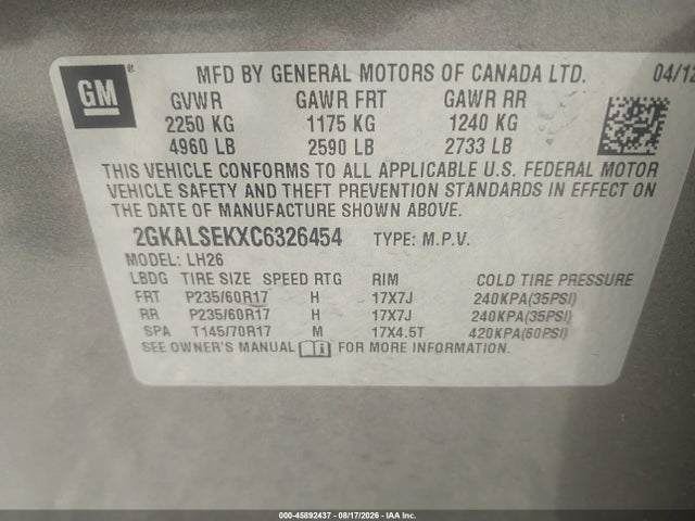 Продажа на аукционе авто 2012 Gmc Terrain Sle-2, vin: 2GKALSEKXC6326454, номер лота: 45892437