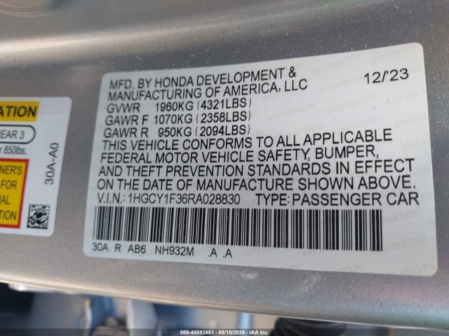 Honda ACCORD EX 2024 1HGCY1F36RA028830 Image 9