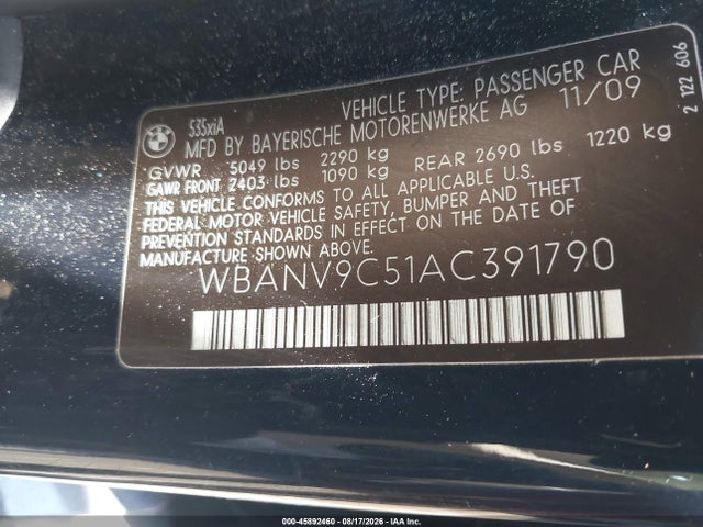 Aukcja sprzedaży 2010 Bmw 535i Xdrive, vin: WBANV9C51AC391790, numer aukcji: 45892460