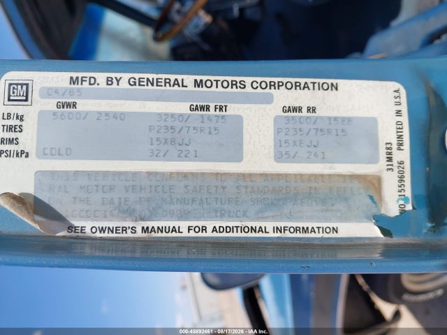 45892461 :رقم المزاد ، 1GCDC14H3FJ160939 vin ، 1985 Chevrolet C10 مزاد بيع