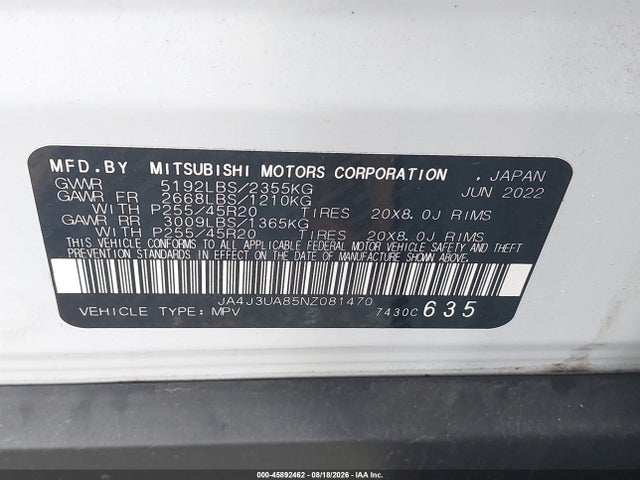 2022 Mitsubishi Outlander Black Edition 2wd/se 2.5 2wd/se Launch Edition 2wd მანქანა იყიდება აუქციონზე, vin: JA4J3UA85NZ081470, აუქციონის ნომერი: 45892462