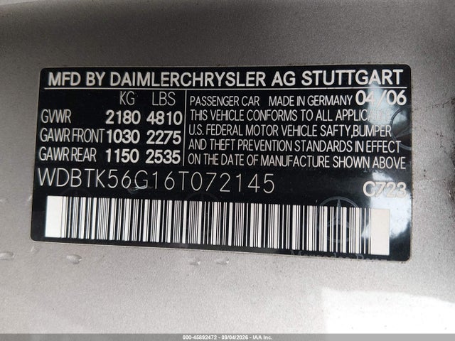 Продаж на аукціоні авто 2006 Mercedes-benz Clk 350, vin: WDBTK56G16T072145, номер лоту: 45892472