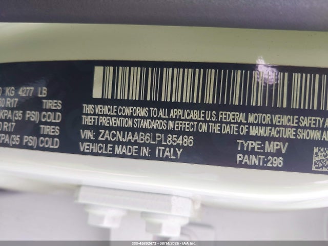 2020 Jeep Renegade Sport Fwd მანქანა იყიდება აუქციონზე, vin: ZACNJAAB6LPL85486, აუქციონის ნომერი: 45892473
