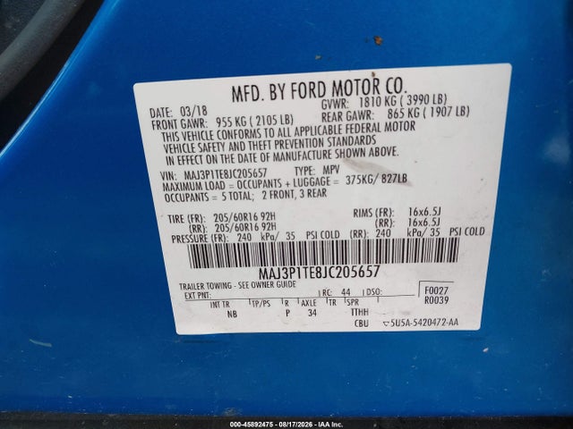 Продажа на аукционе авто 2018 Ford Ecosport Se, vin: MAJ3P1TE8JC205657, номер лота: 45892475