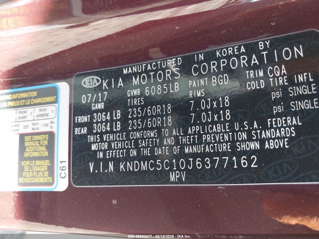 Продаж на аукціоні авто 2018 Kia Sedona Sx, vin: KNDMC5C10J6377162, номер лоту: 45892477