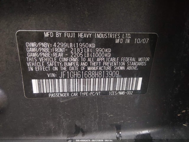 Продаж на аукціоні авто 2008 Subaru Impreza 2.5i, vin: JF1GH61688H813909, номер лоту: 45892478