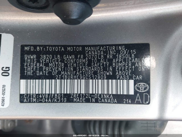 Продажа на аукционе авто 2016 Toyota Corolla Le, vin: 2T1BURHE9GC512809, номер лота: 45892491
