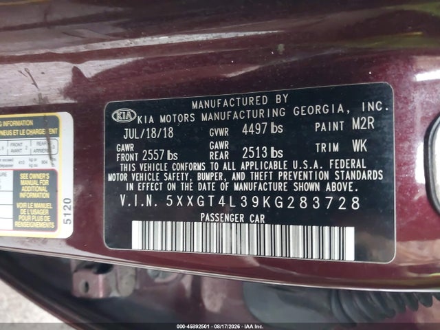 Aukcja sprzedaży 2019 Kia Optima Lx, vin: 5XXGT4L39KG283728, numer aukcji: 45892501