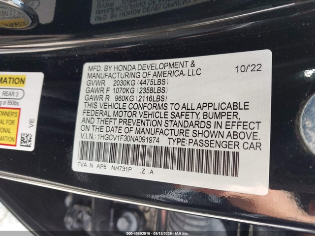 Продажа на аукционе авто 2022 Honda Accord Sport, vin: 1HGCV1F30NA091974, номер лота: 45892516