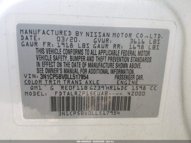 Aukcja sprzedaży 2020 Nissan Kicks S Xtronic Cvt, vin: 3N1CP5BV0LL517954, numer aukcji: 45892520