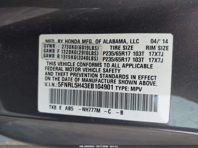 Продаж на аукціоні авто 2014 Honda Odyssey Ex, vin: 5FNRL5H43EB104901, номер лоту: 45892523