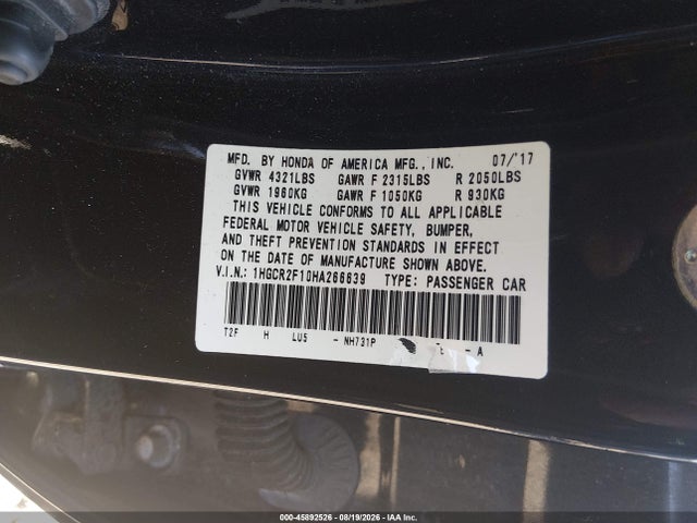 2017 Honda Accord Sport Se მანქანა იყიდება აუქციონზე, vin: 1HGCR2F10HA266639, აუქციონის ნომერი: 45892526