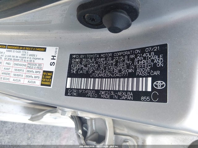 2022 Toyota Corolla Hybrid Le მანქანა იყიდება აუქციონზე, vin: JTDEAMDE5NJ040771, აუქციონის ნომერი: 45892539