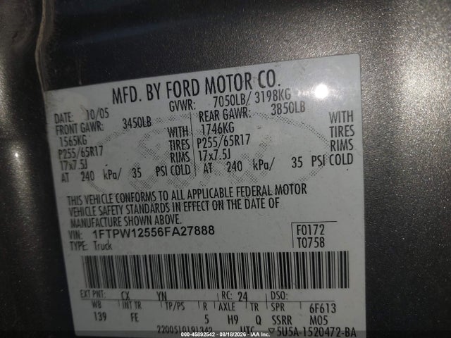 45892542 :رقم المزاد ، 1FTPW12556FA27888 vin ، 2006 Ford F-150 Lariat/xlt مزاد بيع