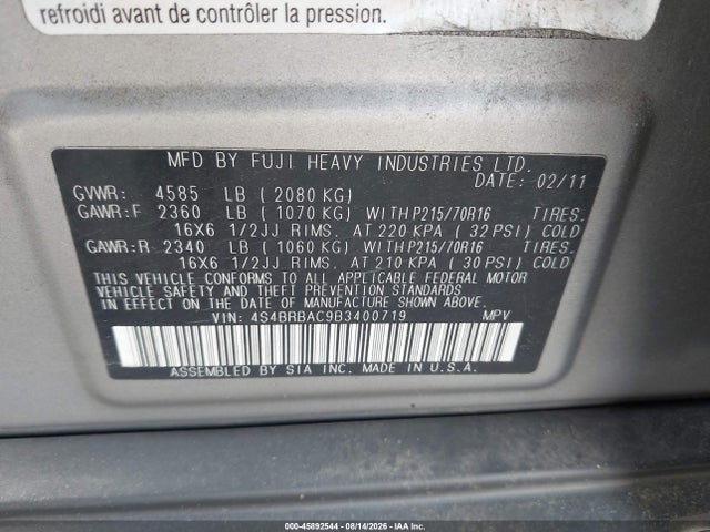 Aukcja sprzedaży 2011 Subaru Outback 2.5i, vin: 4S4BRBAC9B3400719, numer aukcji: 45892544