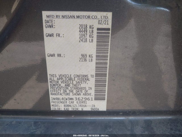Aukcja sprzedaży 2021 Nissan Altima Sr Intelligent Awd, vin: 1N4BL4CW3MN362961, numer aukcji: 45892545