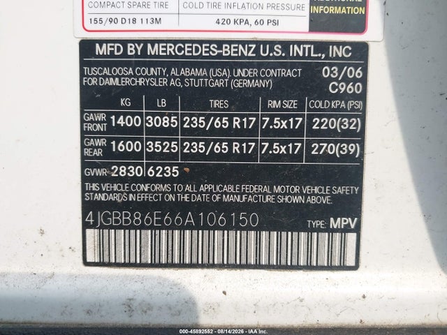 2006 Mercedes-benz Ml 350 4matic მანქანა იყიდება აუქციონზე, vin: 4JGBB86E66A106150, აუქციონის ნომერი: 45892552