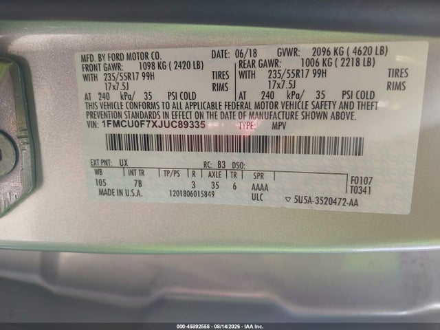 Ford ESCAPE S 2018 1FMCU0F7XJUC89335 Image 9