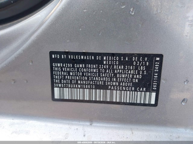 45892559 :رقم المزاد ، 3VW5T7BUXKM158610 vin ، 2019 Volkswagen Jetta Gli 2.0t 35th Anniversary Edition/2.0t Autobahn/2.0t S مزاد بيع