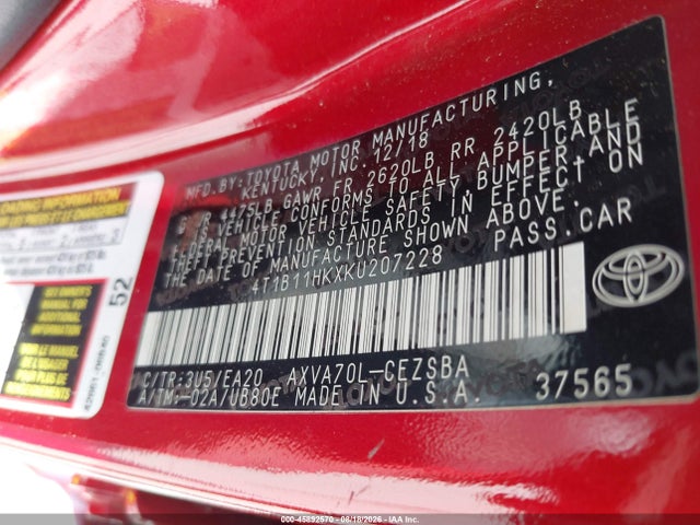 45892570 :رقم المزاد ، 4T1B11HKXKU207228 vin ، 2019 Toyota Camry Se مزاد بيع