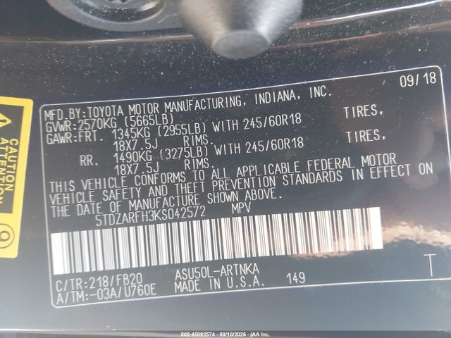Продажа на аукционе авто 2019 Toyota Highlander Le, vin: 5TDZARFH3KS042572, номер лота: 45892574