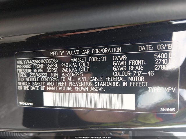 Aukcja sprzedaży 2019 Volvo Xc60 T6 Momentum, vin: YV4A22RK4K1361787, numer aukcji: 45892595
