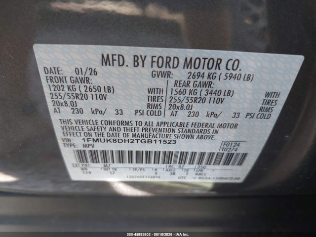 2026 Ford Explorer Active მანქანა იყიდება აუქციონზე, vin: 1FMUK8DH2TGB11523, აუქციონის ნომერი: 45892602