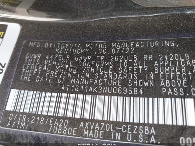 Toyota CAMRY SE 2022 4T1G11AK3NU069584 Image 9