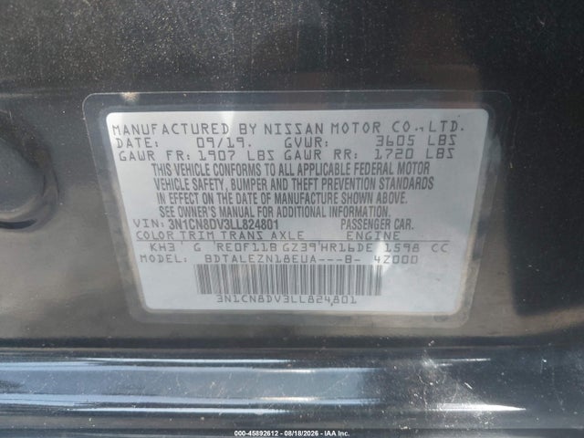 2020 Nissan Versa S Xtronic Cvt მანქანა იყიდება აუქციონზე, vin: 3N1CN8DV3LL824801, აუქციონის ნომერი: 45892612