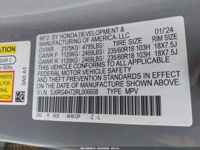 Продаж на аукціоні авто 2024 Honda Cr-v Ex-l Awd, vin: 5J6RS4H72RL006608, номер лоту: 45892616